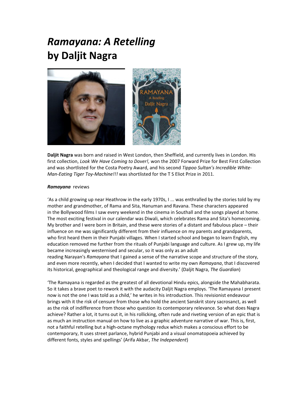 Notes on Ramayana: a Retelling by Daljit Nagra