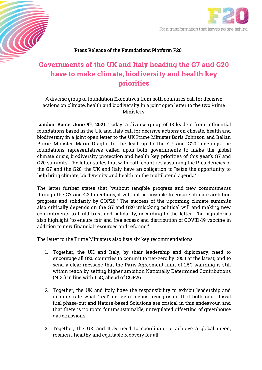 Governments of the UK and Italy Heading the G7 and G20 Have to Make Climate, Biodiversity and Health Key Priorities