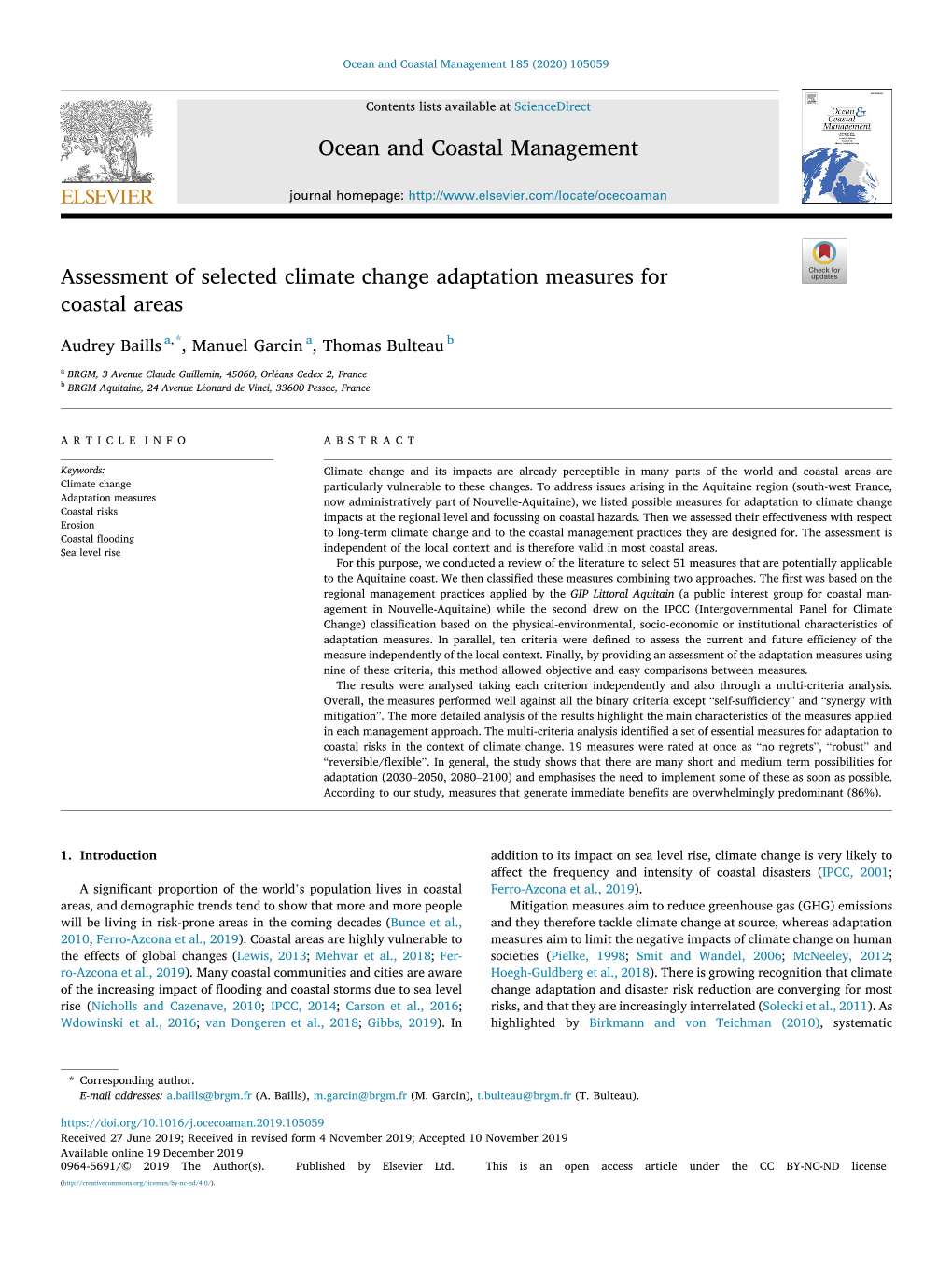 Assessment of Selected Climate Change Adaptation Measures for Coastal Areas