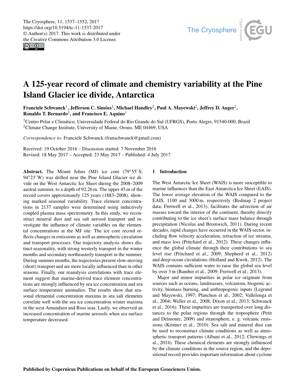 A 125-Year Record of Climate and Chemistry Variability at the Pine Island Glacier Ice Divide, Antarctica