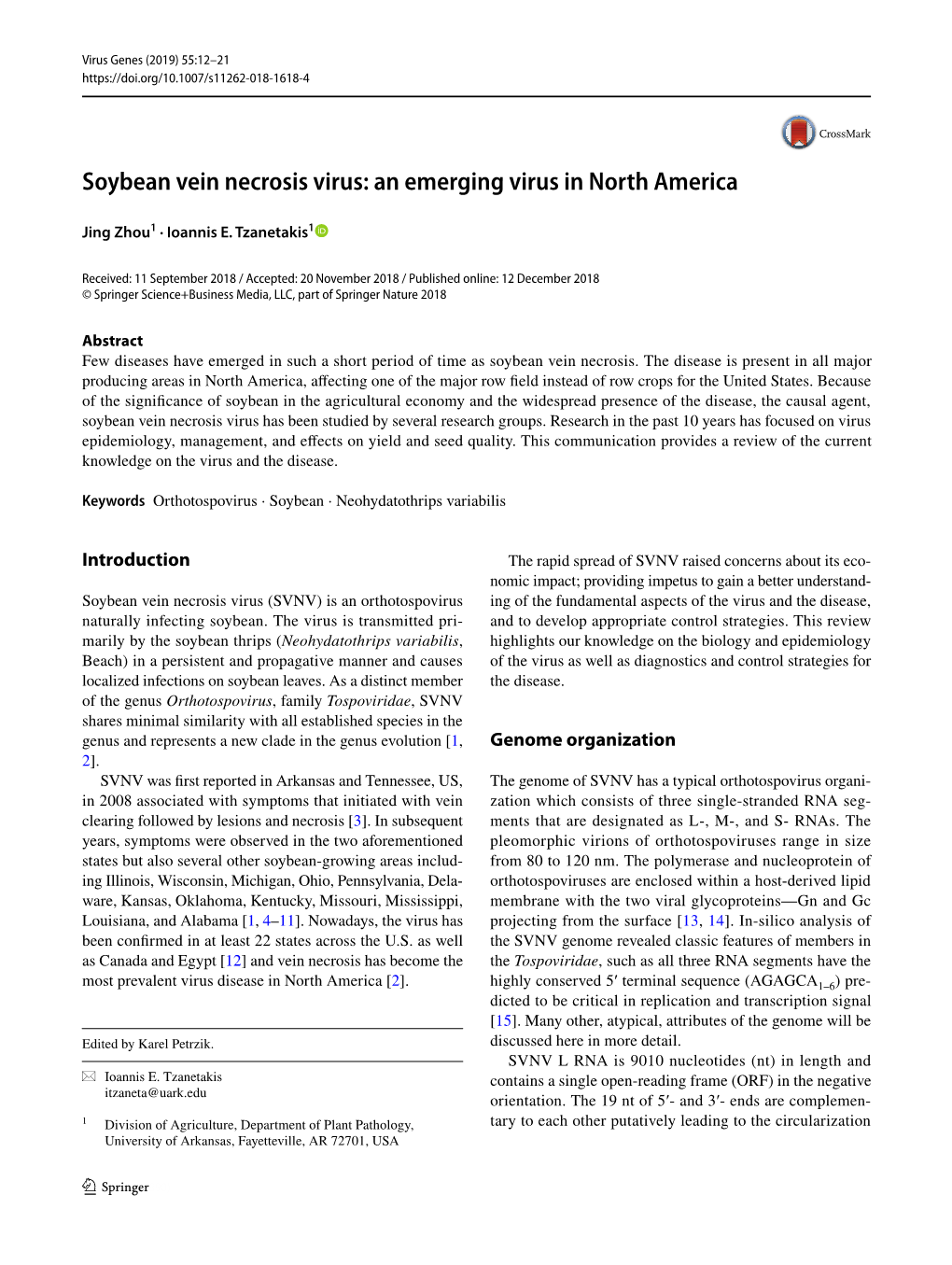 Soybean Vein Necrosis Virus: an Emerging Virus in North America