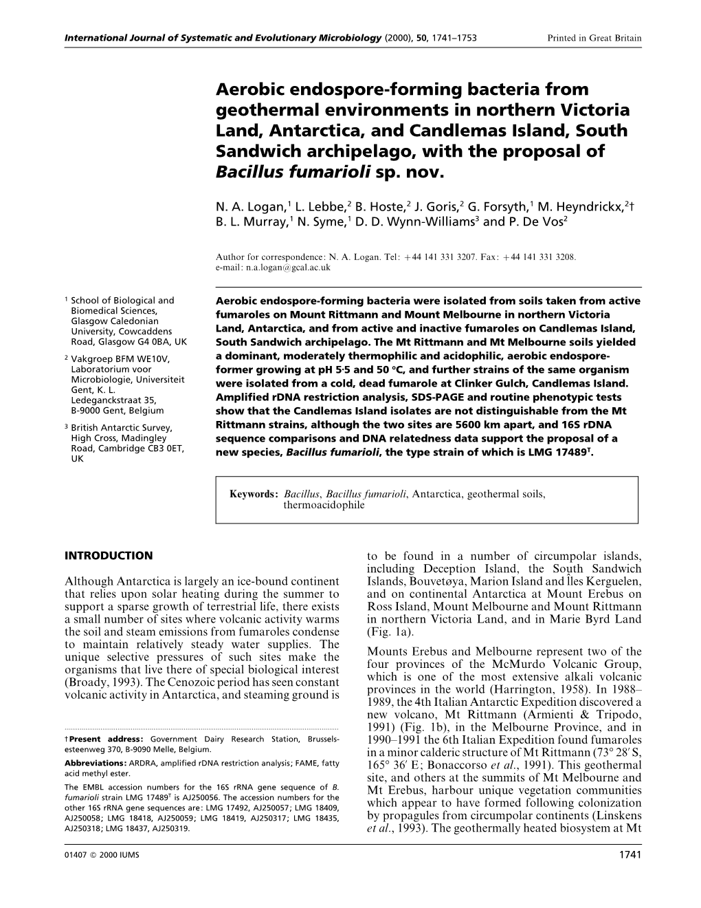 Aerobic Endospore-Forming Bacteria from Geothermal Environments in Northern Victoria Land, Antarctica, and Candlemas Island