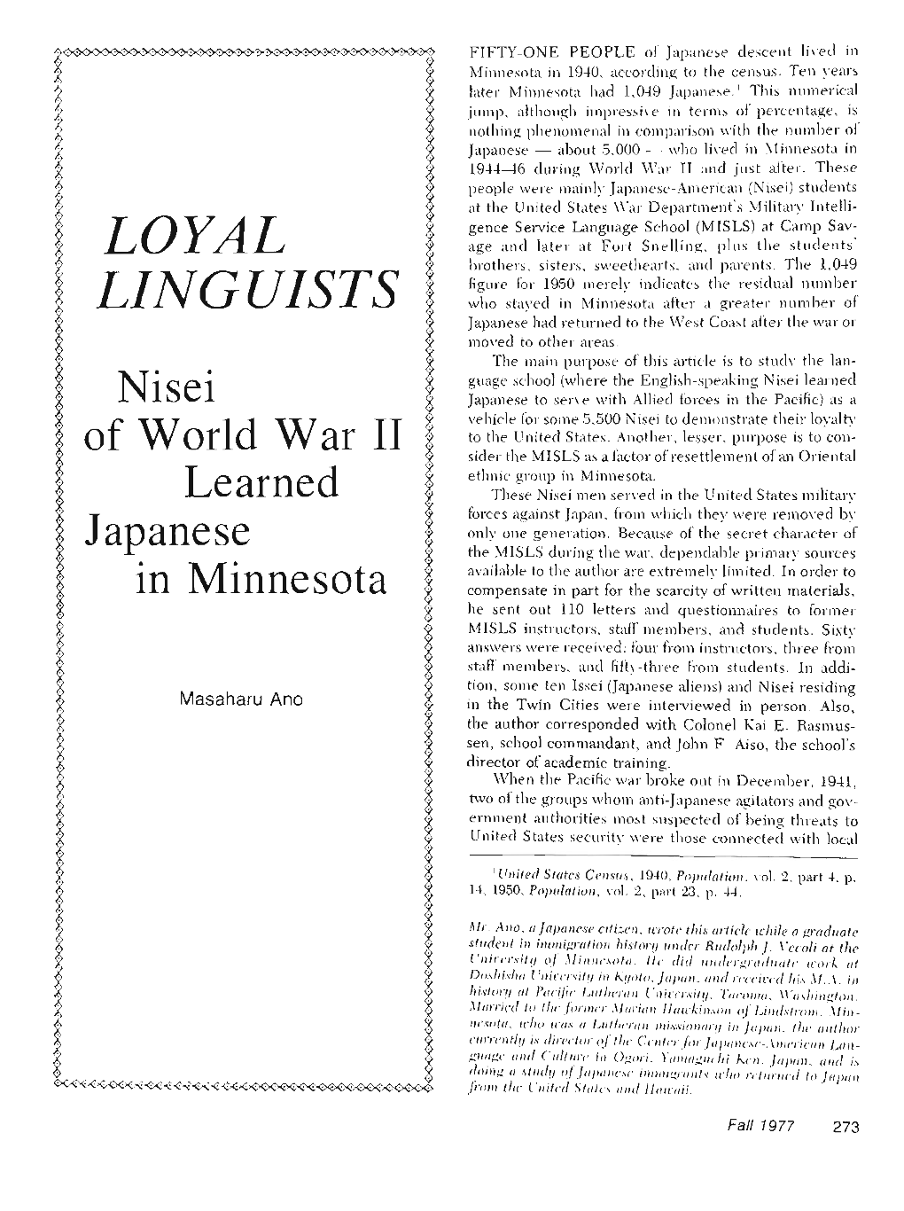 Loyal Linguists : Nisei of World War II, Learned Japanese in Minnesota