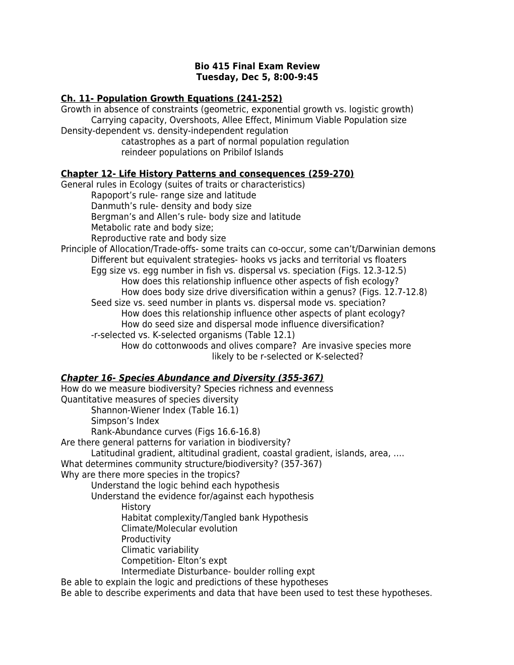 Bio 415 Final Exam Review