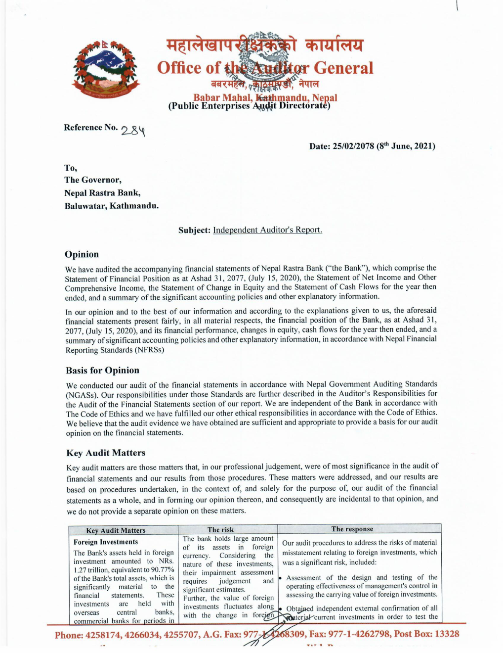 NEPAL RASTRA BANK STATEMENT of FINANCIAL POSITION As on 31St Asar, 2077 (15Th JULY, 2020) Figures in Nrs