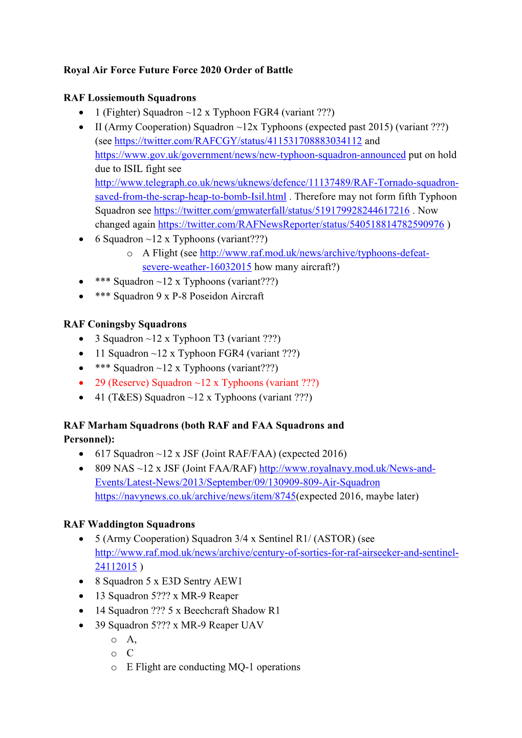 Royal Air Force Future Force 2020 Order of Battle RAF Lossiemouth