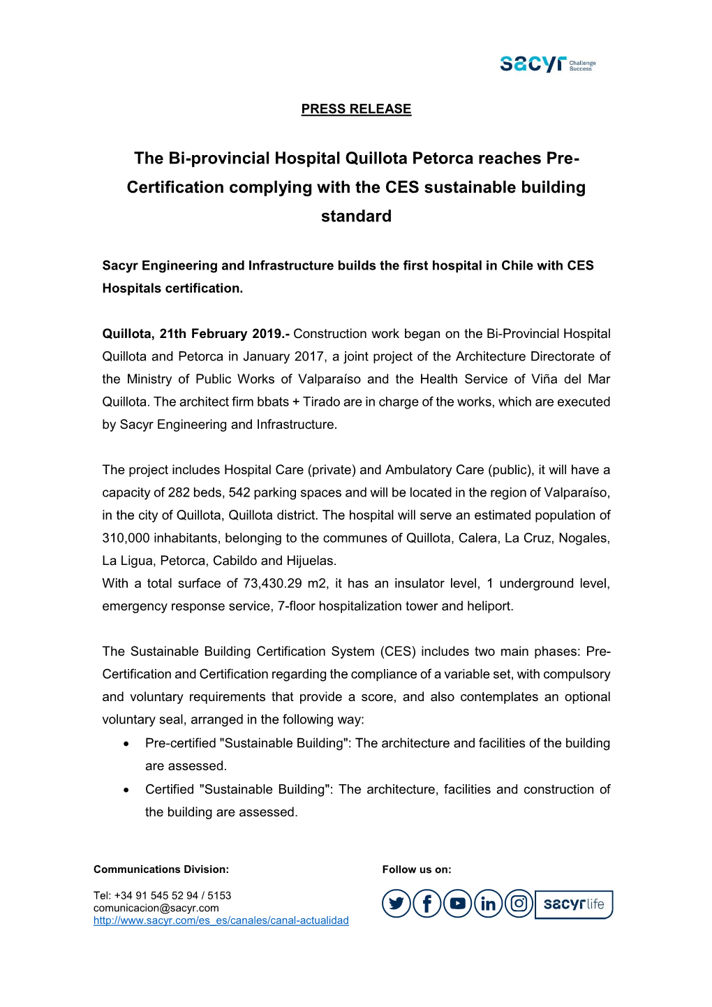 The Bi-Provincial Hospital Quillota Petorca Reaches Pre- Certification Complying with the CES Sustainable Building Standard