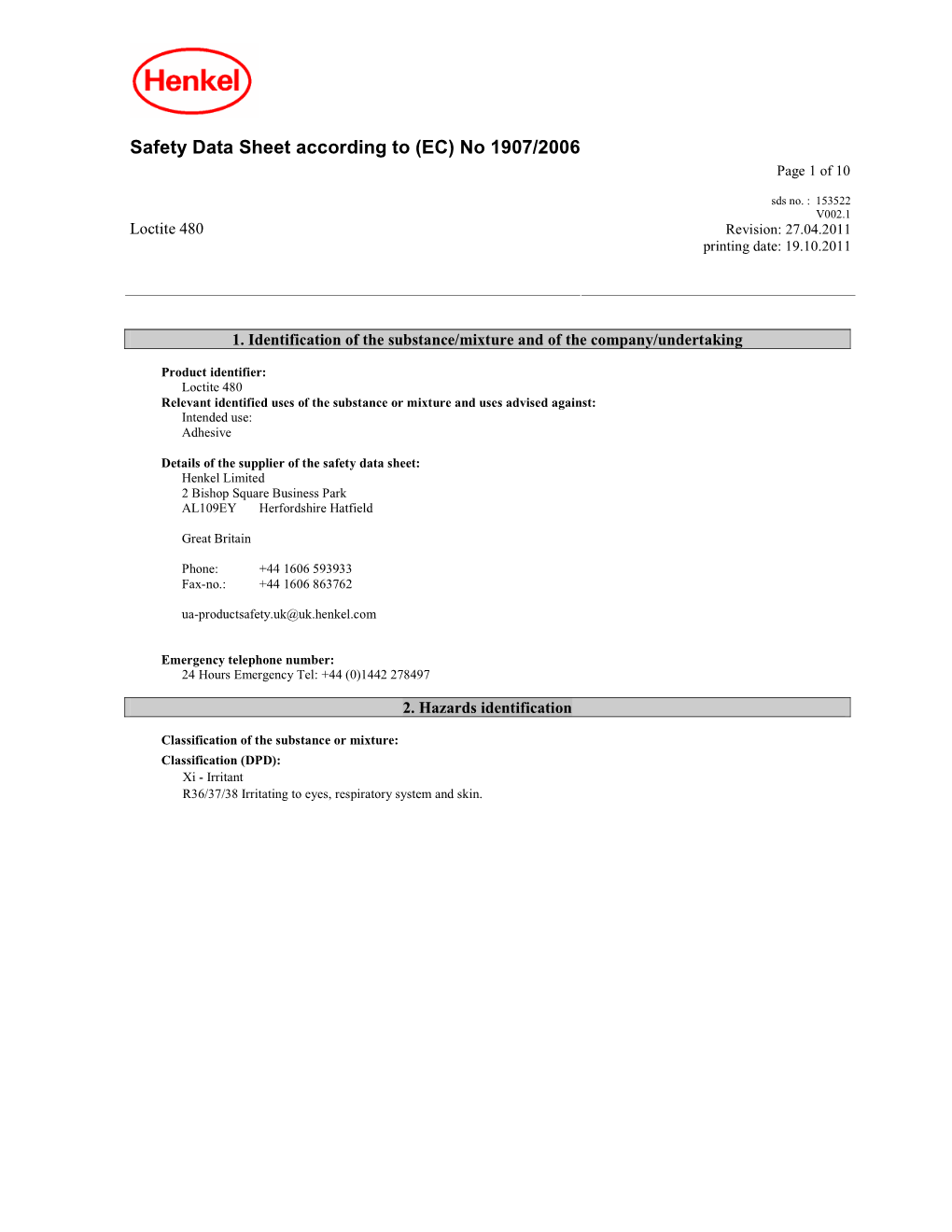 Safety Data Sheet According to (EC) No 1907/2006 Page 1 of 10