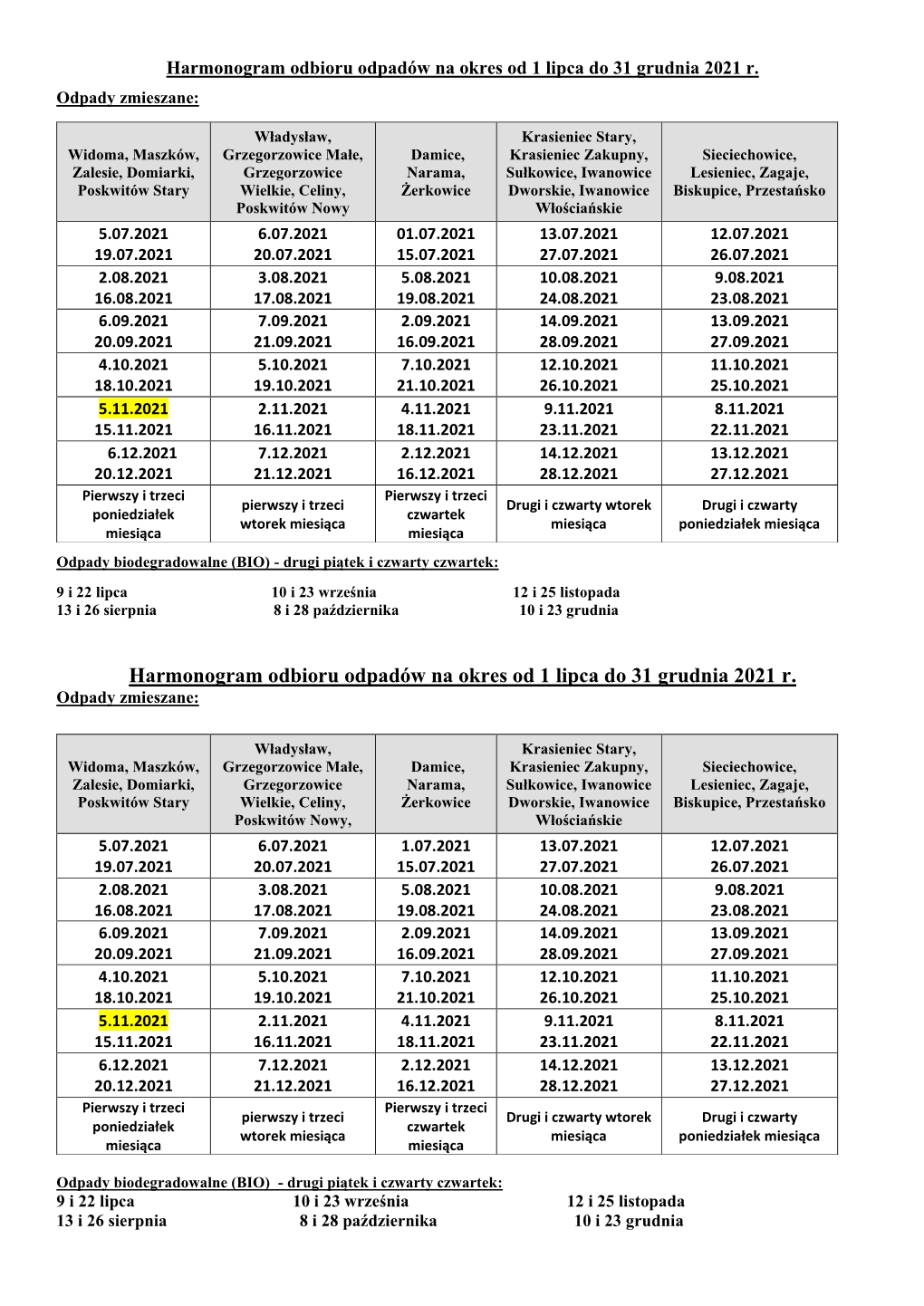 Harmonogram Odbioru Odpadów Na Okres Od 1 Lipca Do 31 Grudnia 2021 R. Odpady Zmieszane