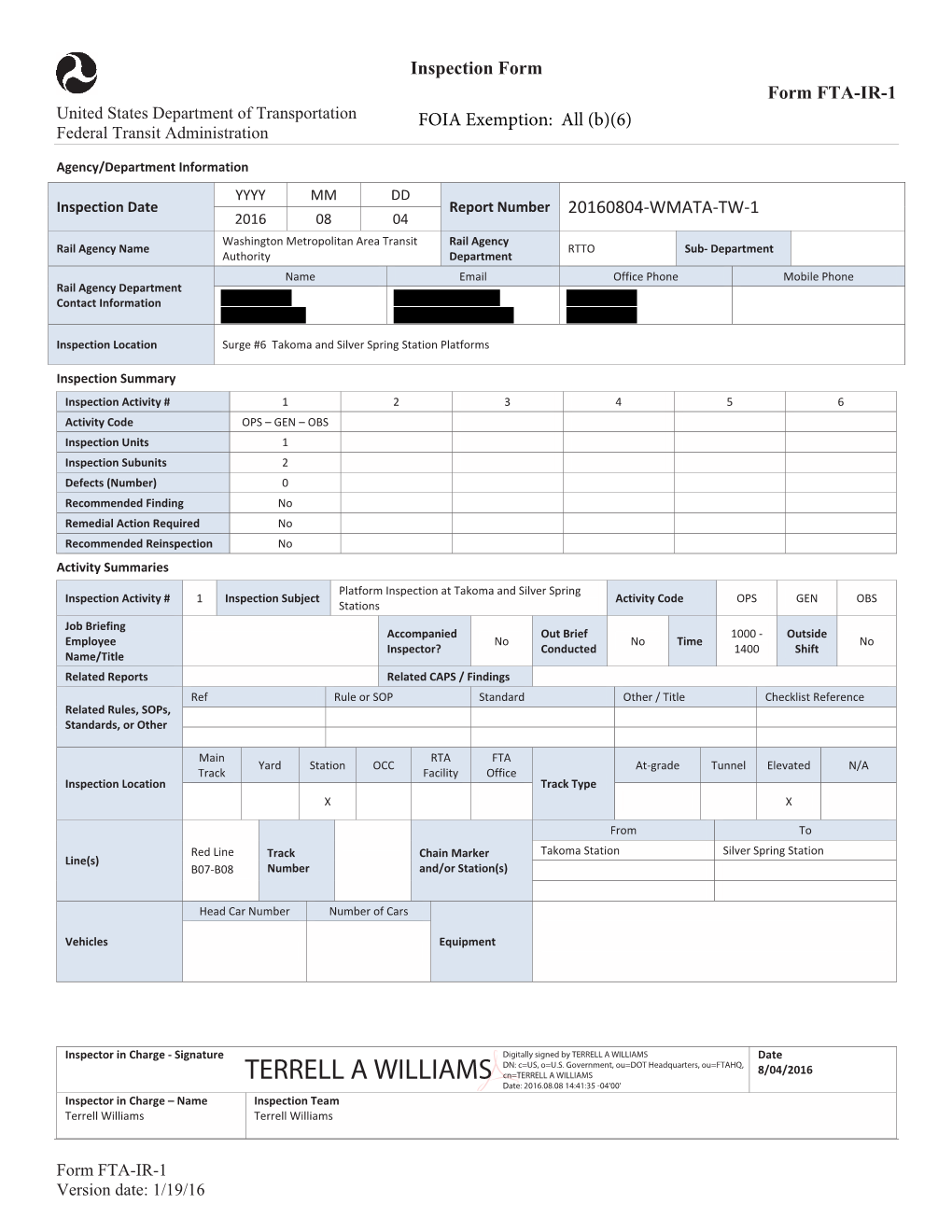 FTA WMATA Metrorail Safety Oversight Inspection Reports, August 2016