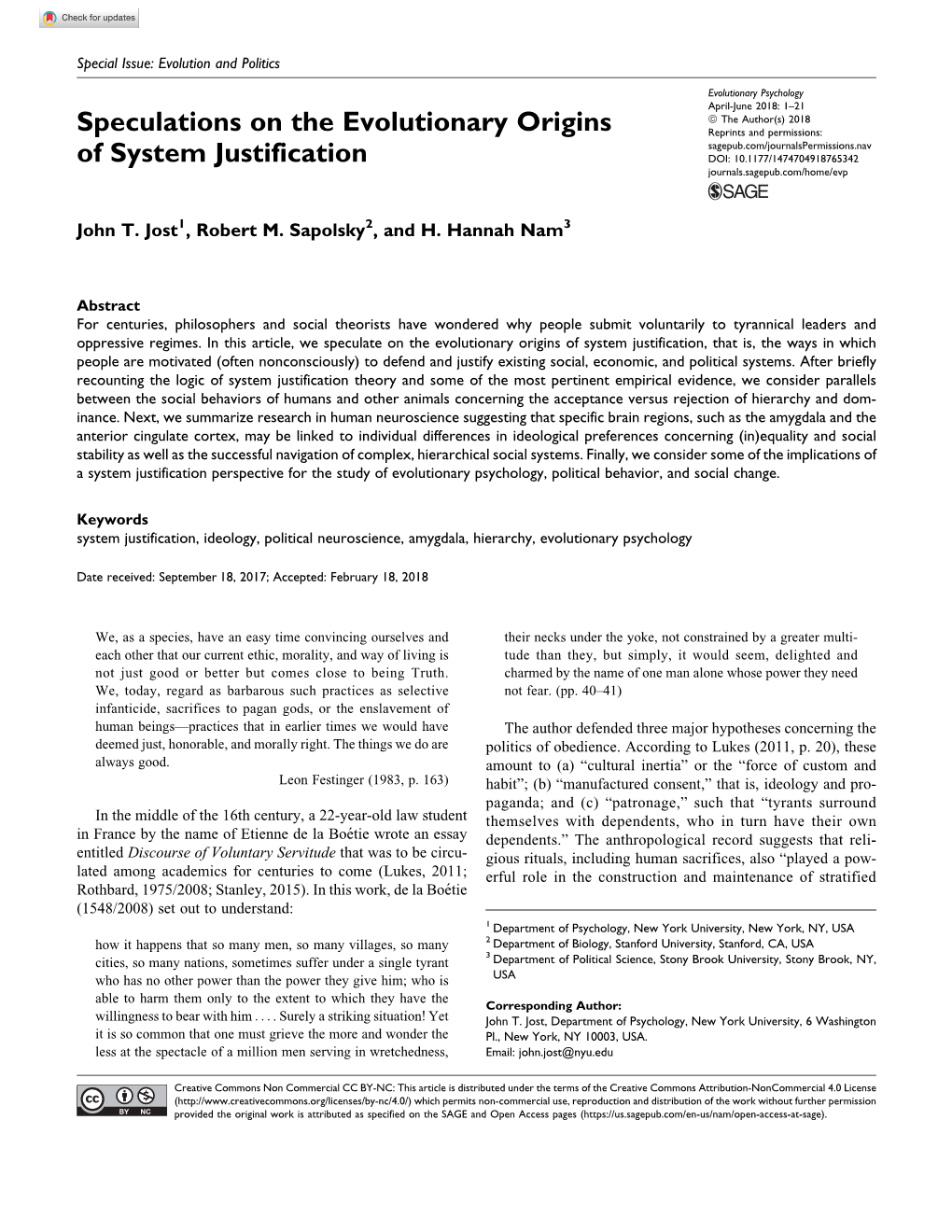 Speculations on the Evolutionary Origins of System Justification