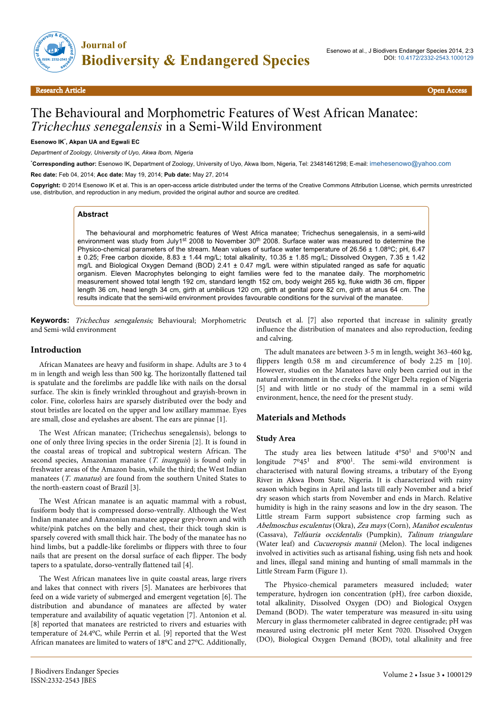 The Behavioural and Morphometric Features of West African Manatee