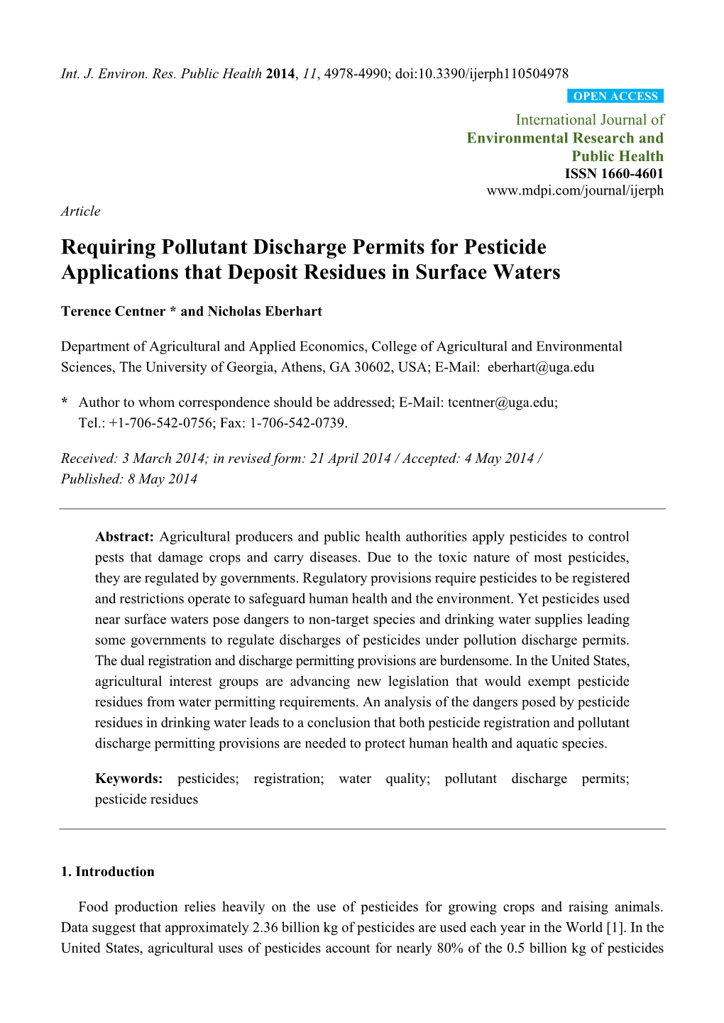 Requiring Pollutant Discharge Permits for Pesticide Applications That Deposit Residues in Surface Waters