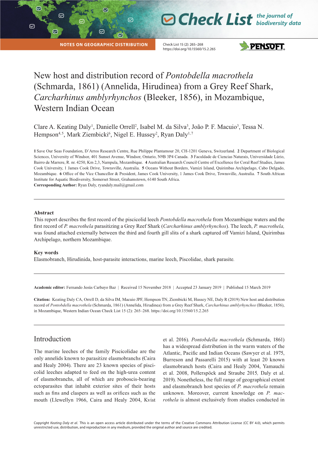 Pontobdella Macrothela (Schmarda, 1861) (Annelida, Hirudinea) from a Grey Reef Shark, Carcharhinus Amblyrhynchos (Bleeker, 1856), in Mozambique, Western Indian Ocean