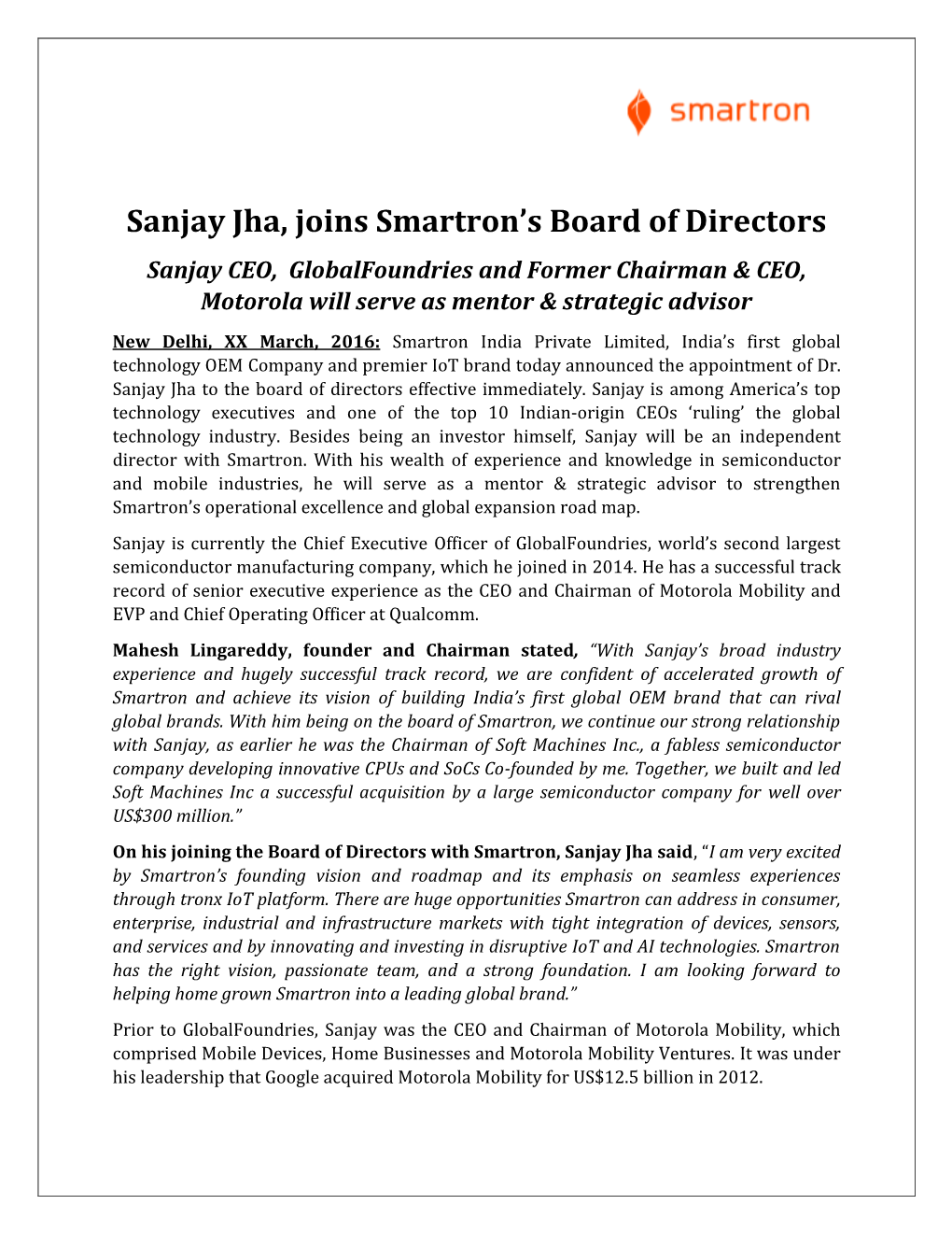 Sanjay Jha, Joins Smartron's Board of Directors