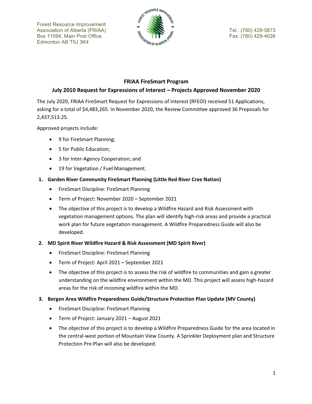 FRIAA Firesmart Program July 2010 Request for Expressions of Interest – Projects Approved November 2020