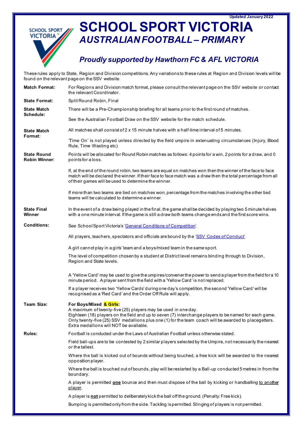 Primary Rules Australian Football