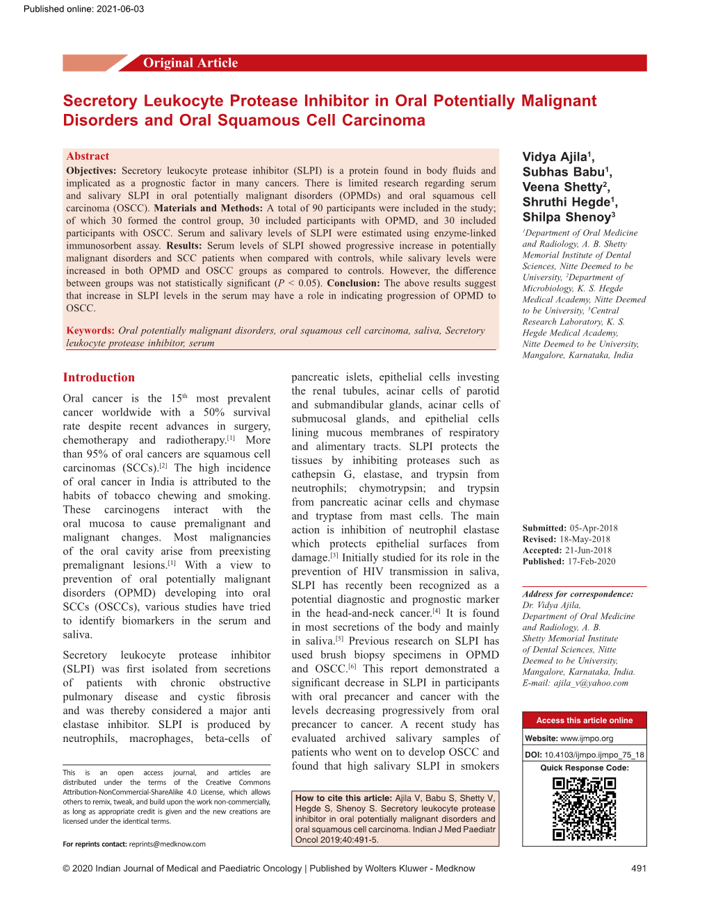 Secretory Leukocyte Protease Inhibitor in Oral Potentially Malignant Disorders and Oral Squamous Cell Carcinoma