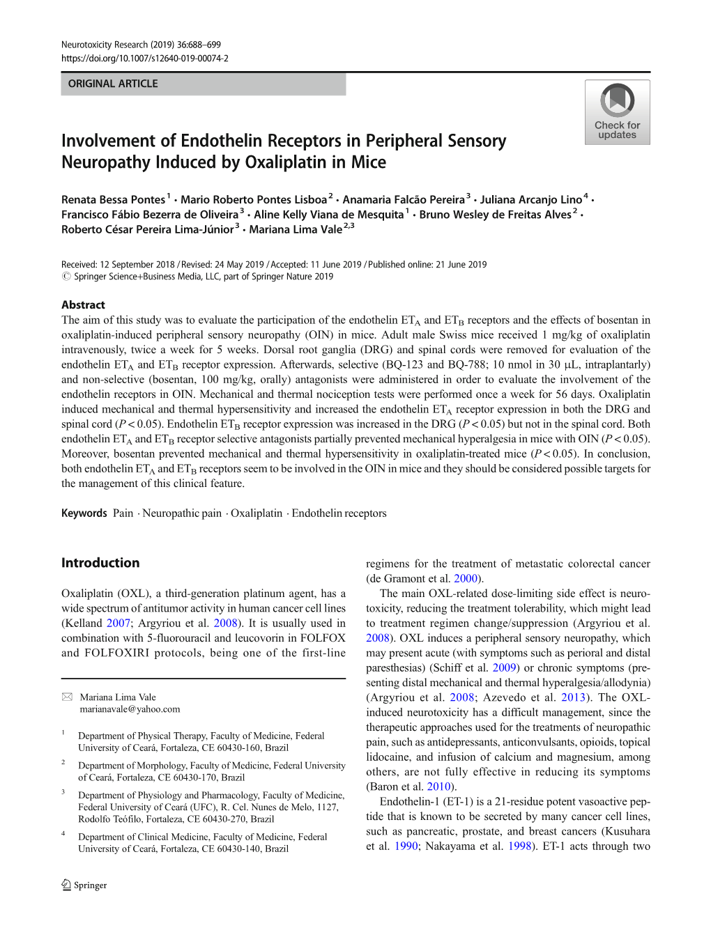 Involvement of Endothelin Receptors in Peripheral Sensory Neuropathy Induced by Oxaliplatin in Mice