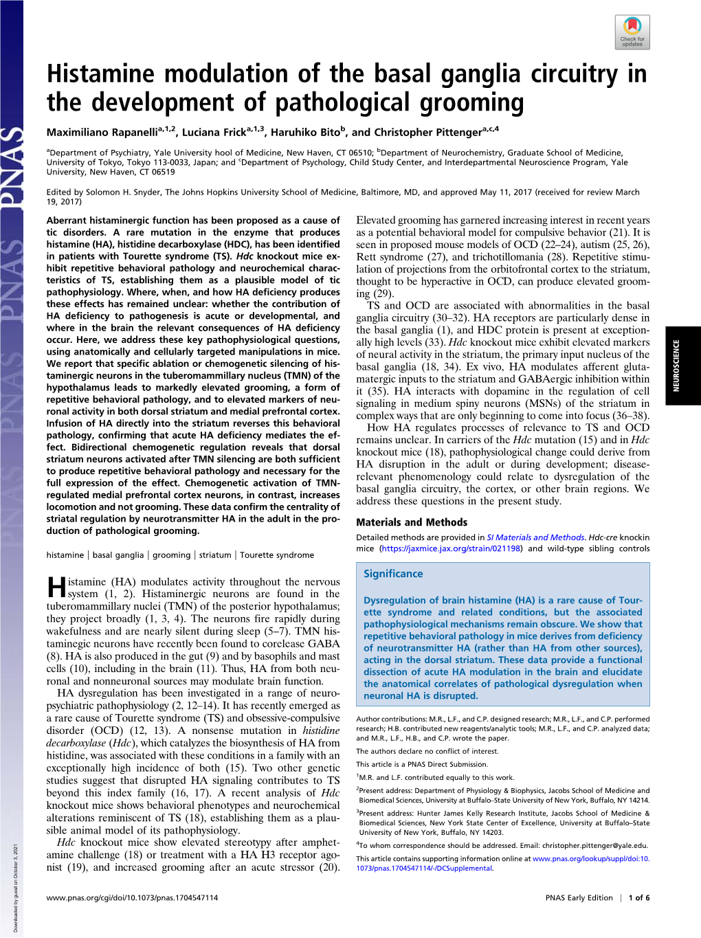 Histamine Modulation of the Basal Ganglia Circuitry in the Development of Pathological Grooming