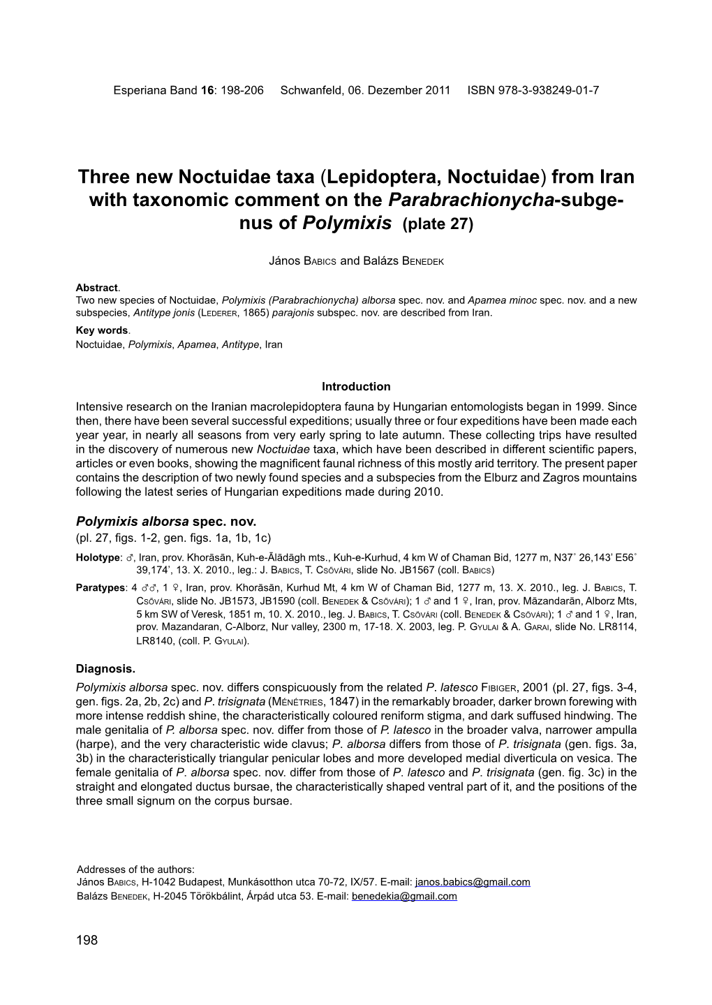 Lepidoptera, Noctuidae) from Iran with Taxonomic Comment on the Parabrachionycha-Subge- Nus of Polymixis (Plate 27)