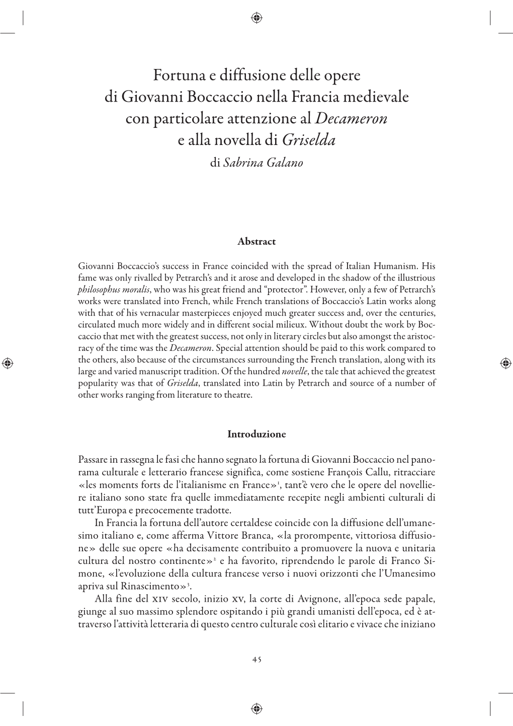 Fortuna E Diffusione Delle Opere Di Giovanni Boccaccio Nella Francia Medievale Con Particolare Attenzione Al Decameron E Alla Novella Di Griselda Di Sabrina Galano