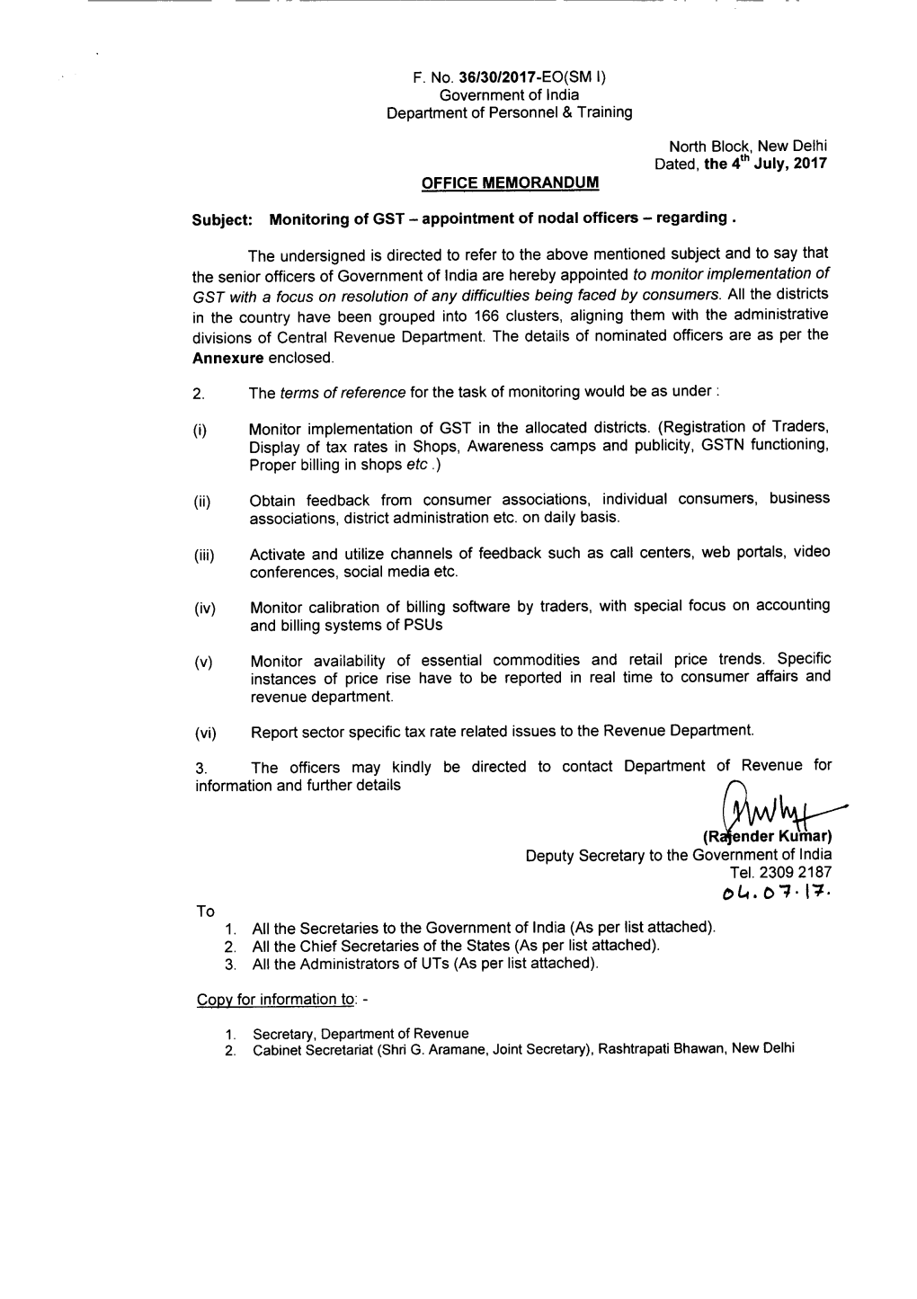 Monitoring of GST – Appointment of Nodal Officers