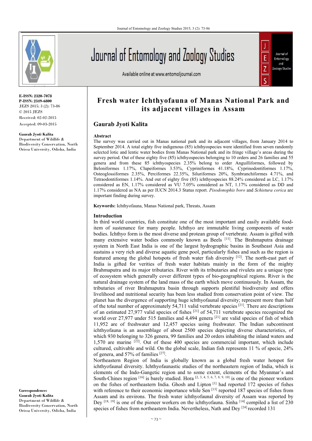 Fresh Water Ichthyofauna of Manas National Park and Its Adjacent