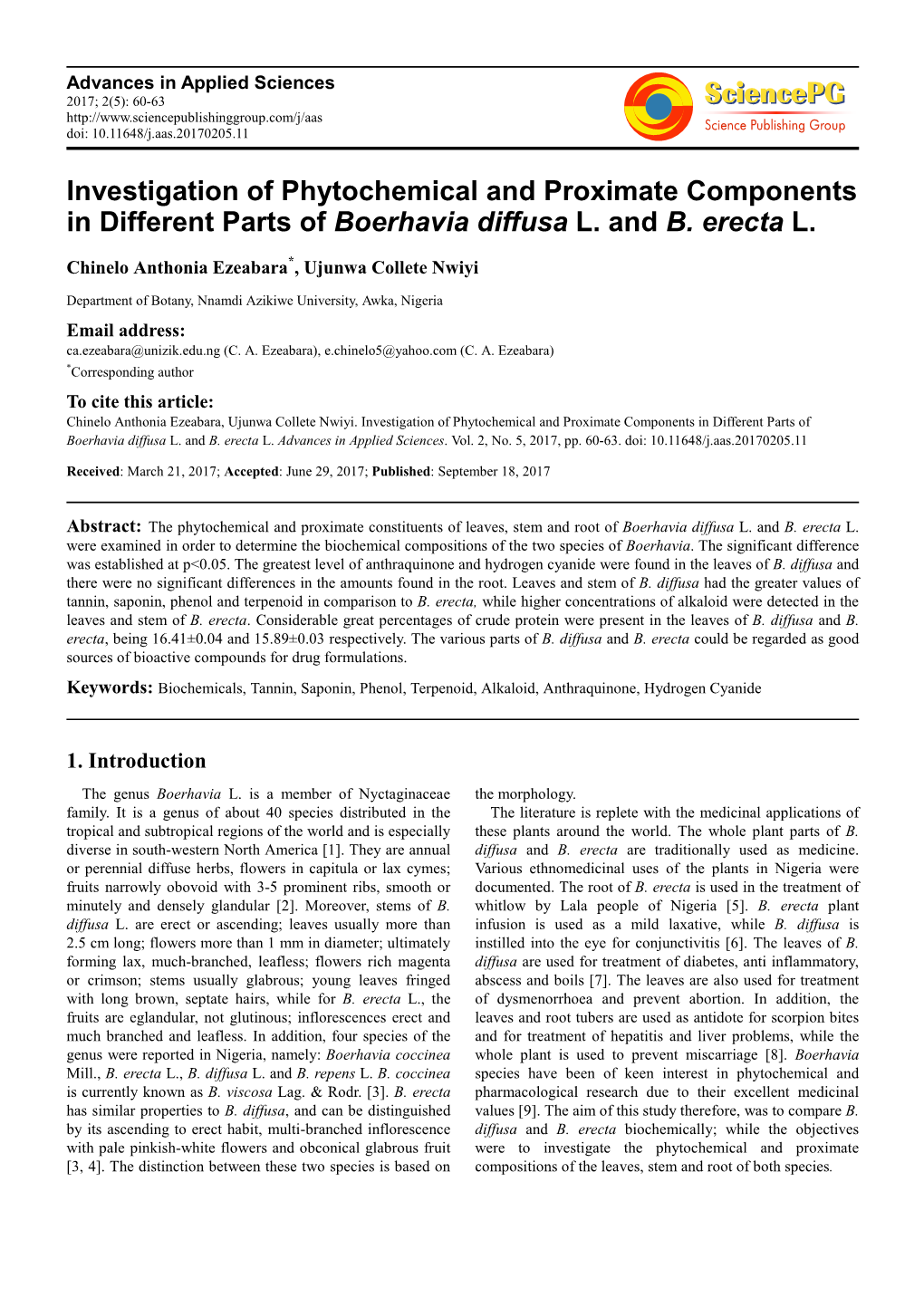 Investigation of Phytochemical and Proximate Components in Different Parts of Boerhavia Diffusa L