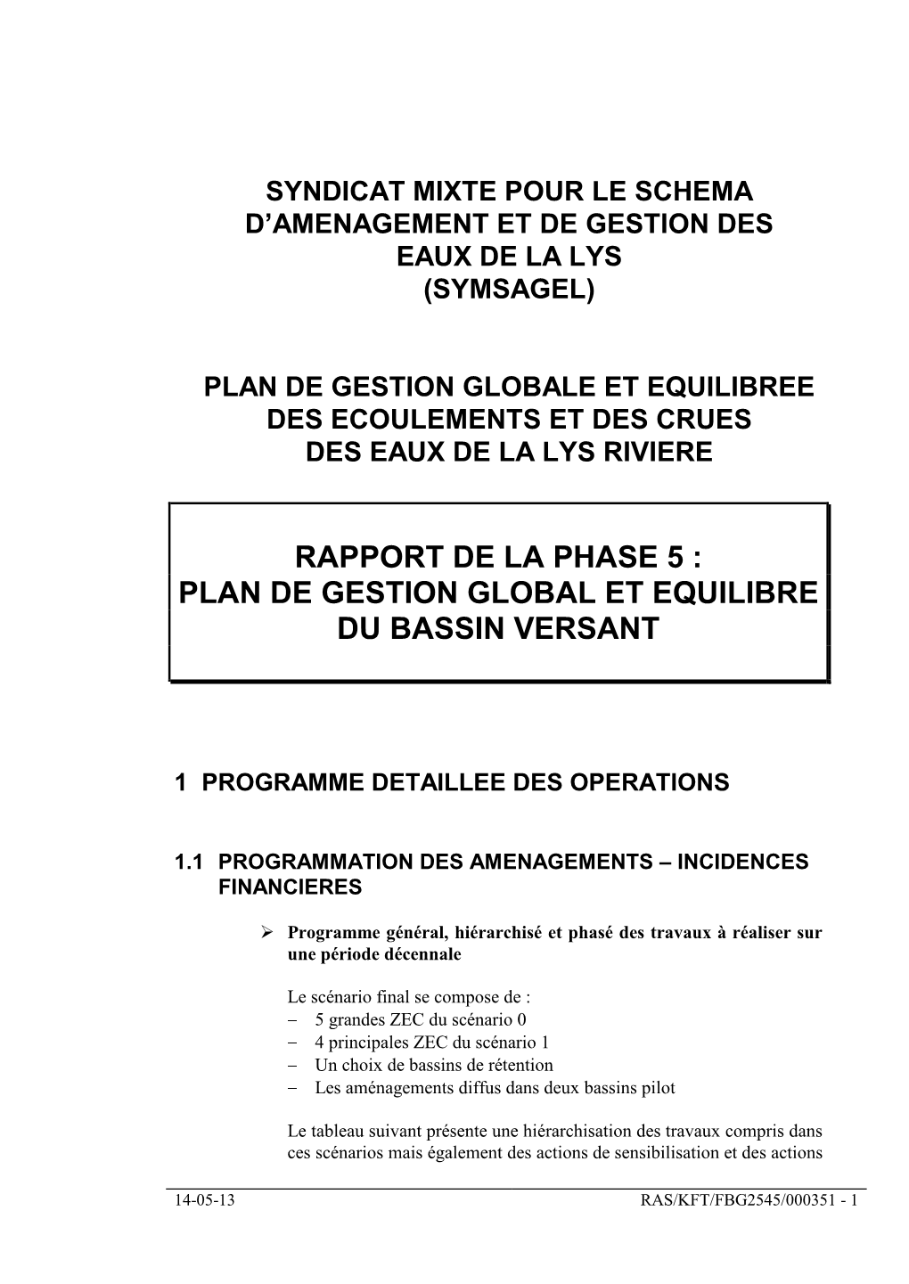 Rapport De La Phase 5 : Plan De Gestion Global Et Equilibre Du Bassin Versant