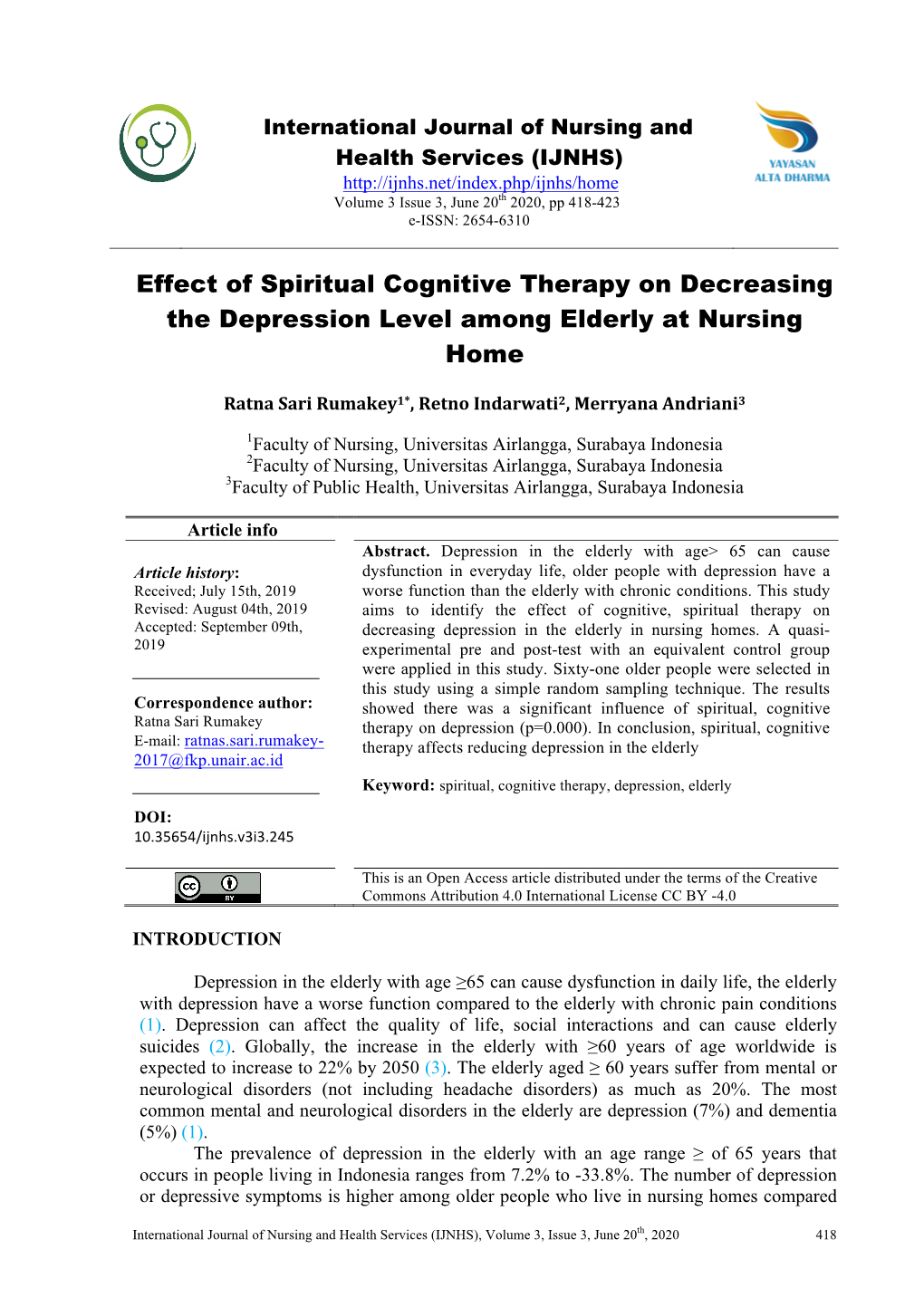 Effect of Spiritual Cognitive Therapy on Decreasing the Depression Level Among Elderly at Nursing Home