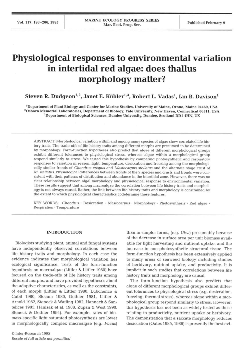 Physiological Responses to Environmental Variation in Intertidal Red Algae: Does Thallus Morphology Matter?