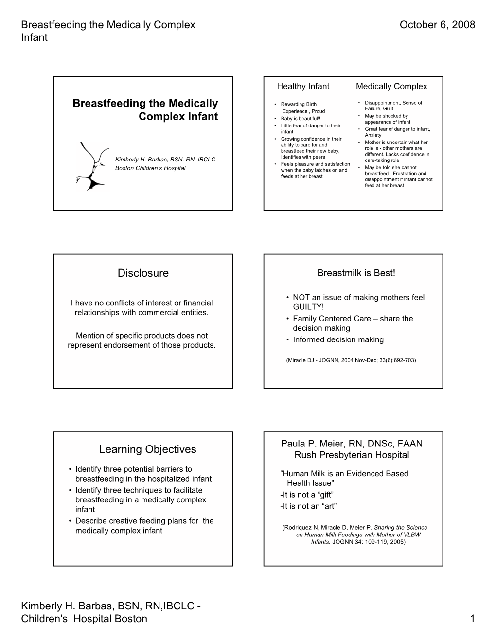 Breastfeeding the Medically Complex Infant Disclosure Learning Objectives