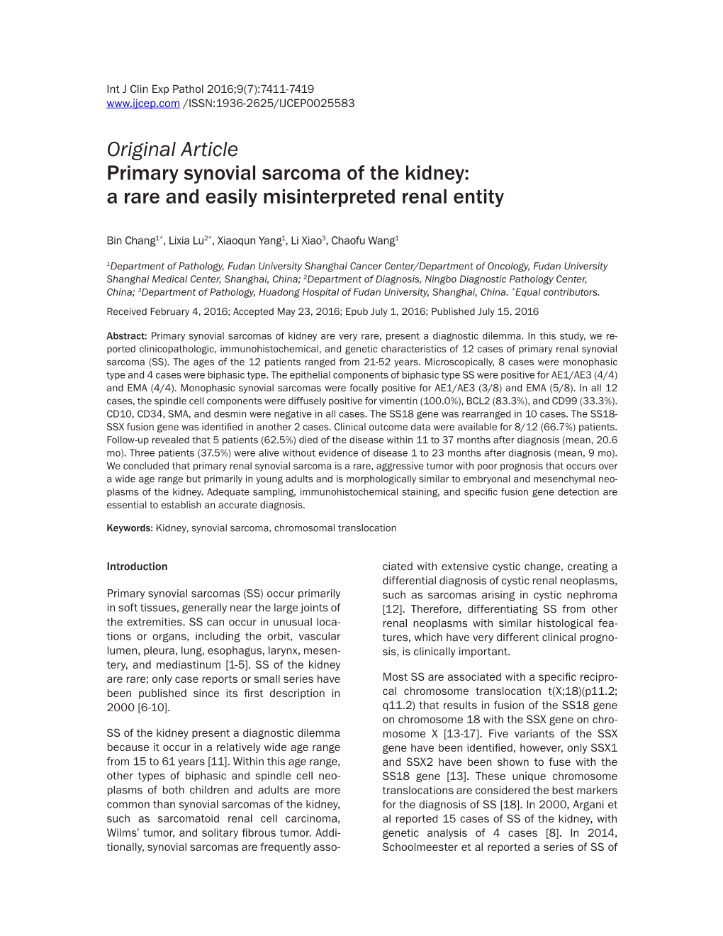 Original Article Primary Synovial Sarcoma of the Kidney: a Rare and Easily Misinterpreted Renal Entity