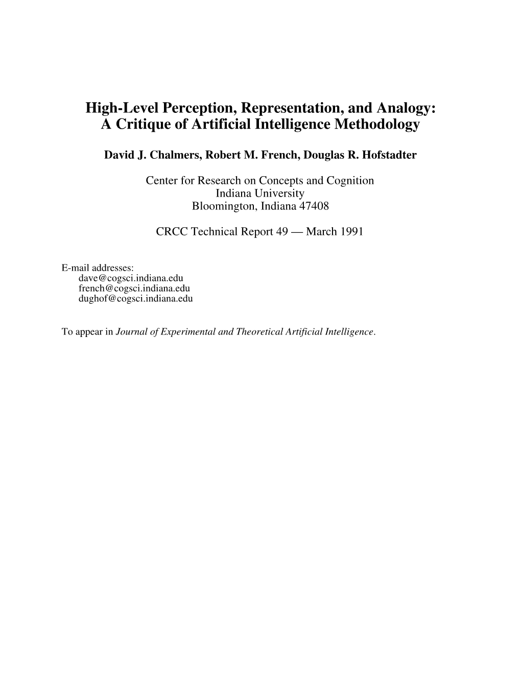 High-Level Perception, Representation, and Analogy: a Critique of Artificial Intelligence Methodology