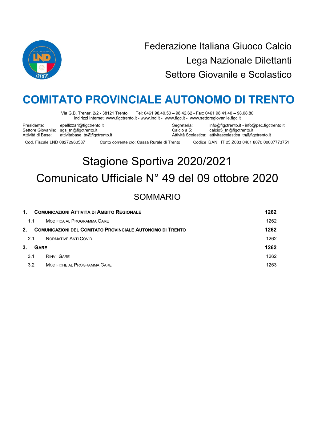 COMITATO PROVINCIALE AUTONOMO DI TRENTO Stagione