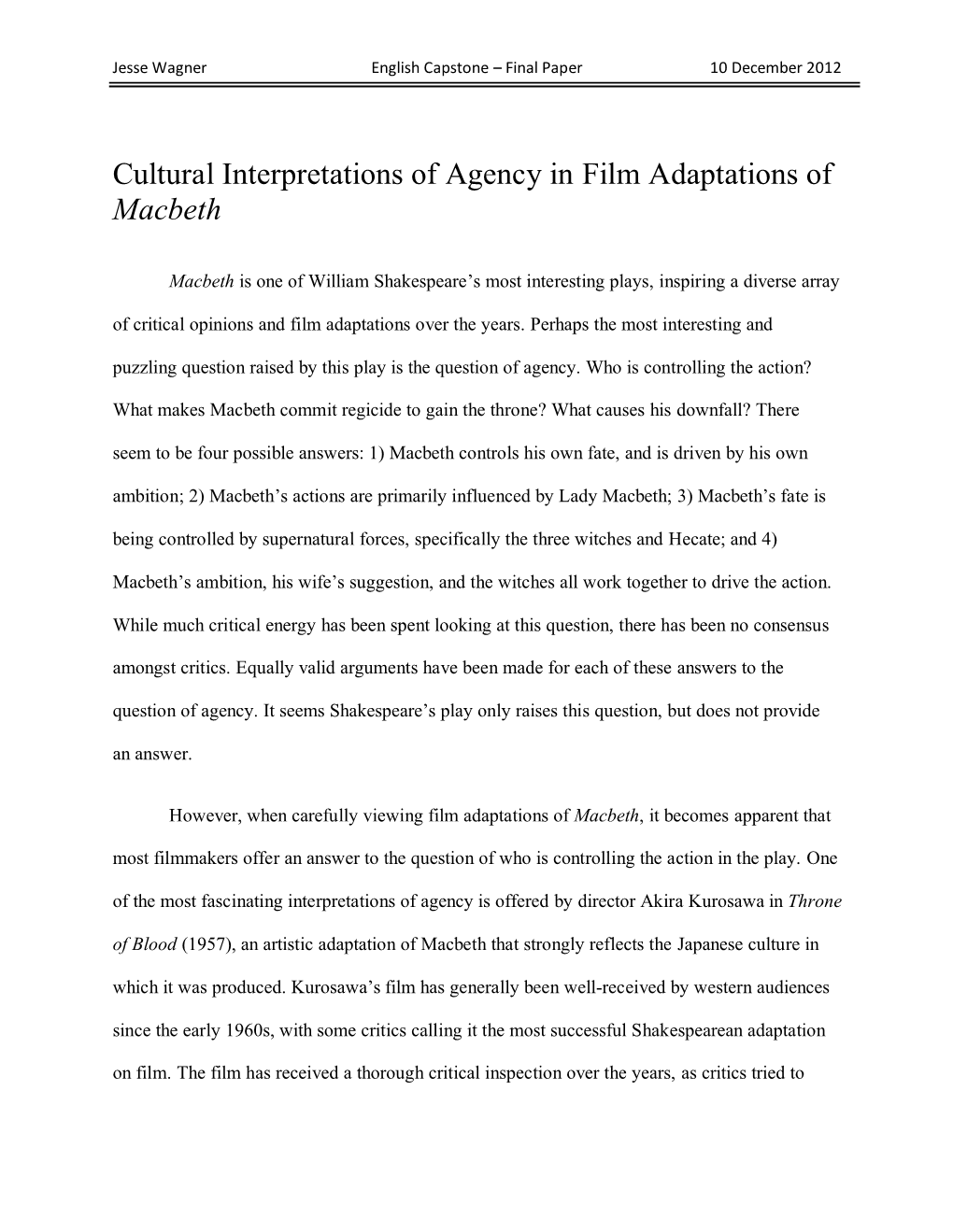 Cultural Interpretations of Agency in Film Adaptations of Macbeth