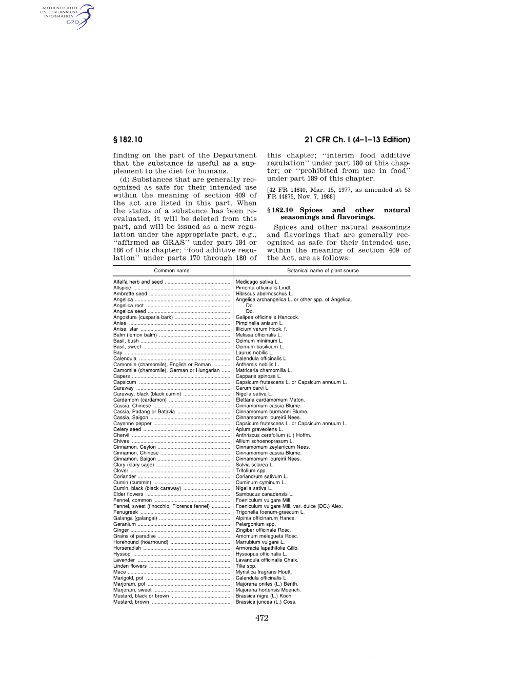 21 CFR Ch. I (4–1–13 Edition) § 182.10