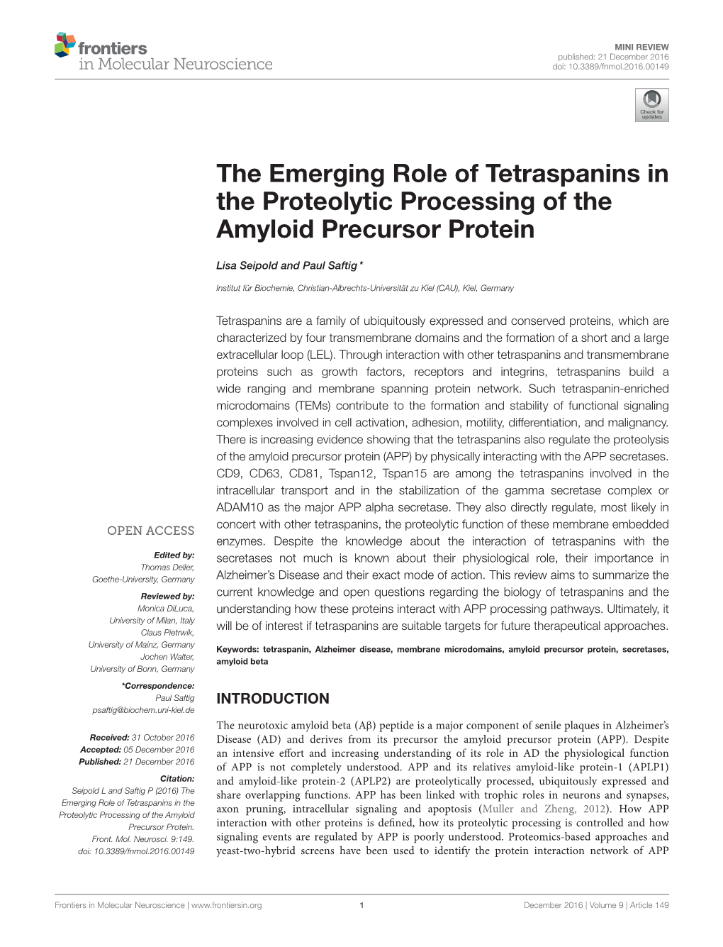 The Emerging Role of Tetraspanins in the Proteolytic Processing of the Amyloid Precursor Protein