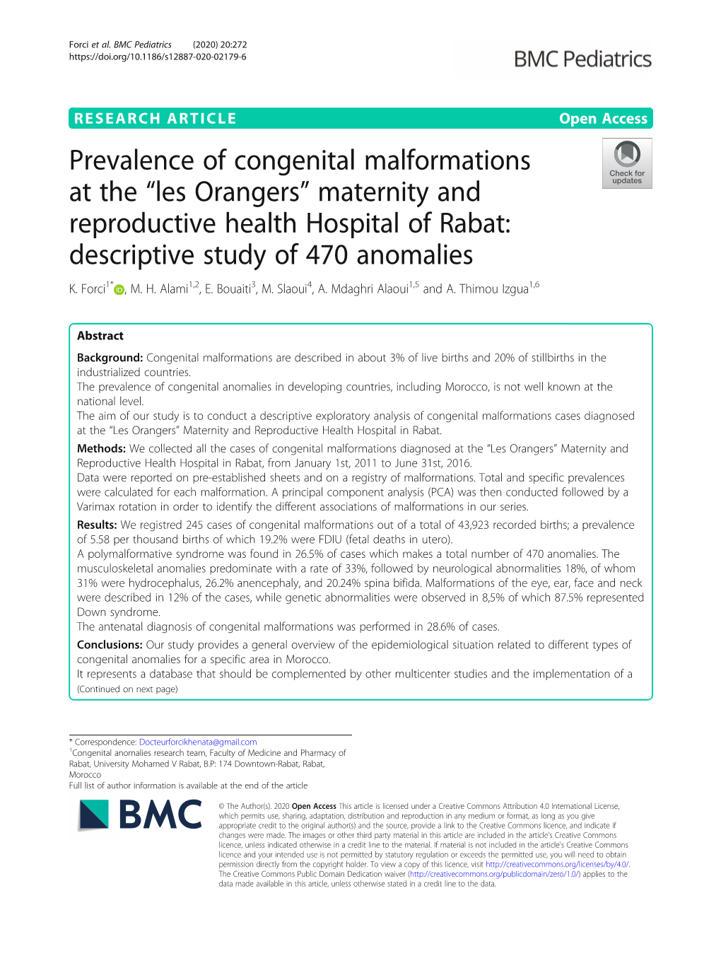 Prevalence of Congenital Malformations at the “Les Orangers” Maternity and Reproductive Health Hospital of Rabat: Descriptive Study of 470 Anomalies K