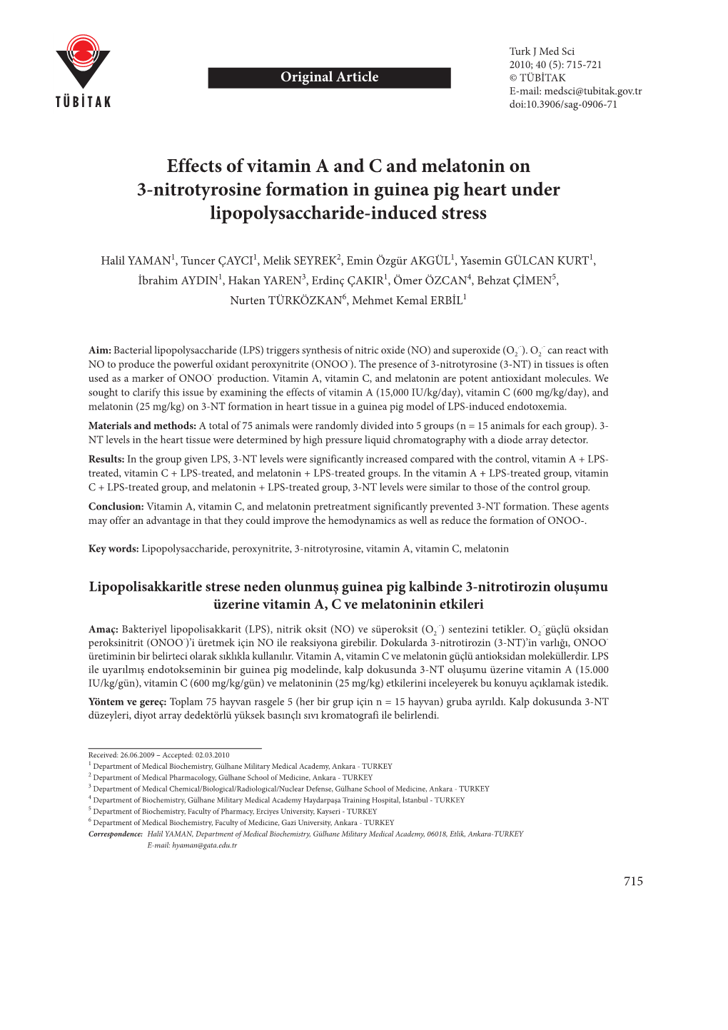 Effects of Vitamin a and C and Melatonin on 3-Nitrotyrosine Formation in Guinea Pig Heart Under Lipopolysaccharide-Induced Stress