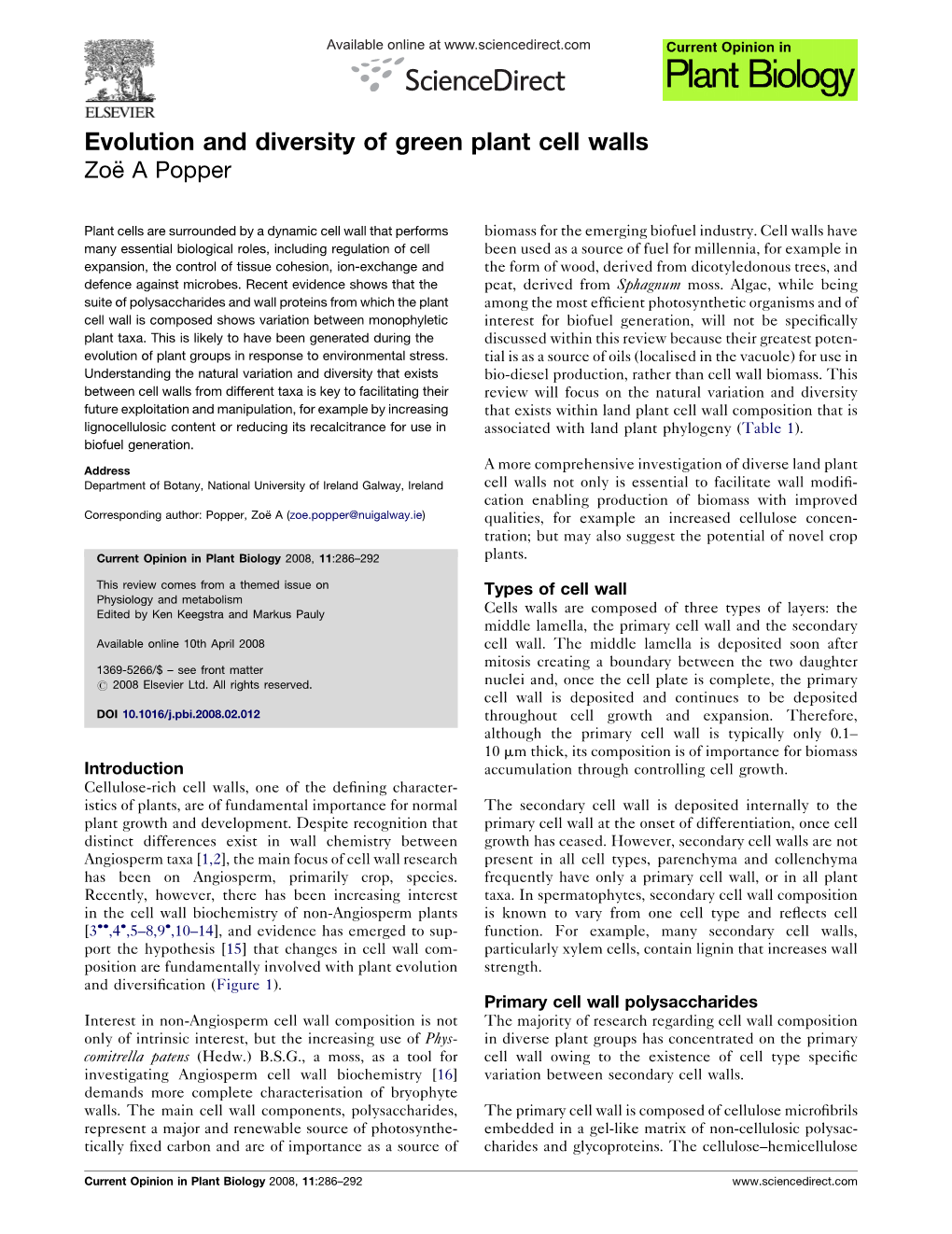 Evolution and Diversity of Green Plant Cell Walls Zoe¨ a Popper