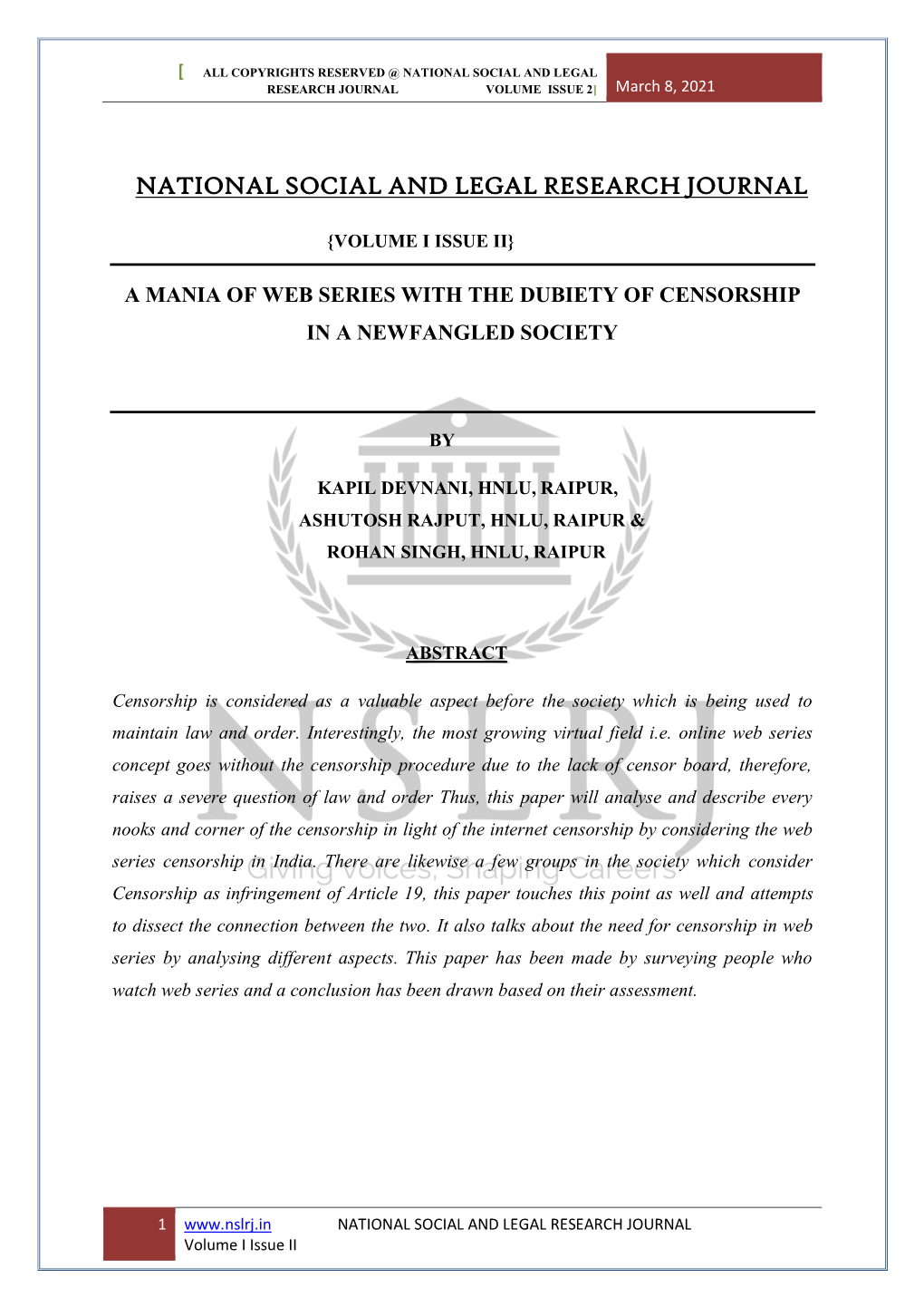 ALL COPYRIGHTS RESERVED @ NATIONAL SOCIAL and LEGAL RESEARCH JOURNAL VOLUME ISSUE 2] March 8, 2021