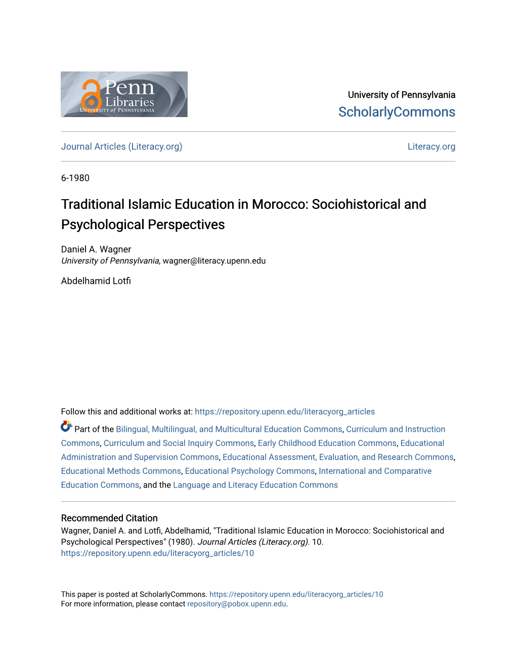 Traditional Islamic Education in Morocco: Sociohistorical and Psychological Perspectives