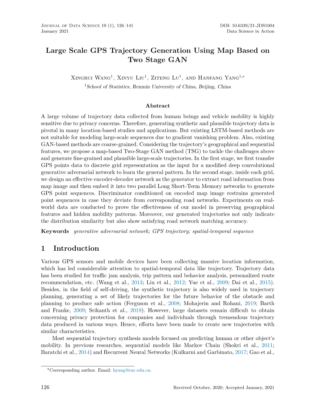 Large Scale GPS Trajectory Generation Using Map Based on Two Stage GAN