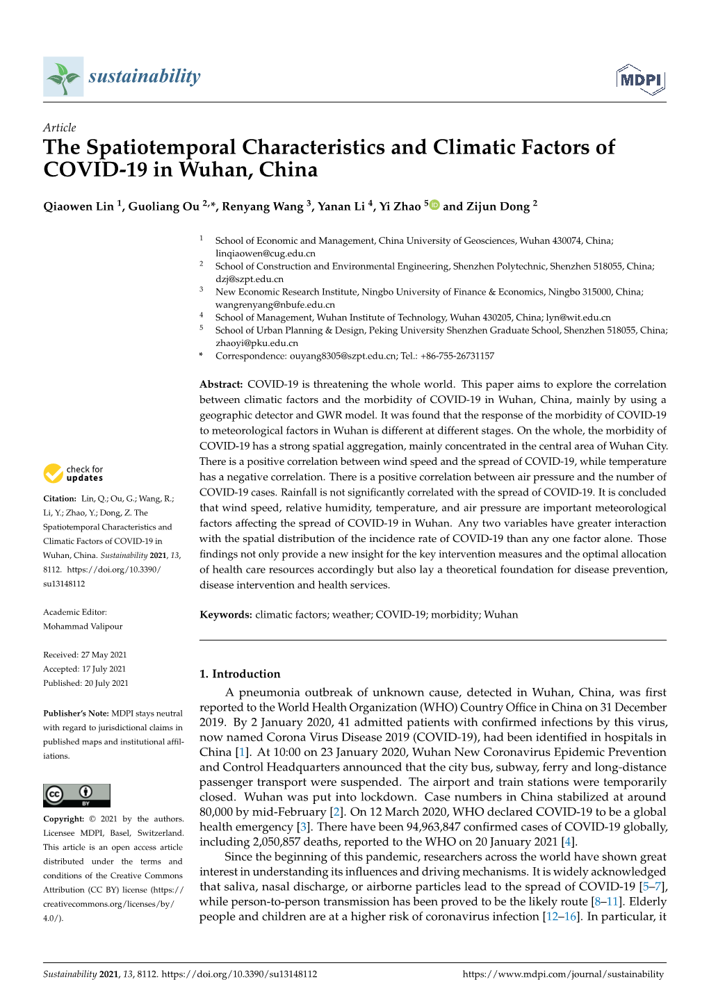 The Spatiotemporal Characteristics and Climatic Factors of COVID-19 in Wuhan, China
