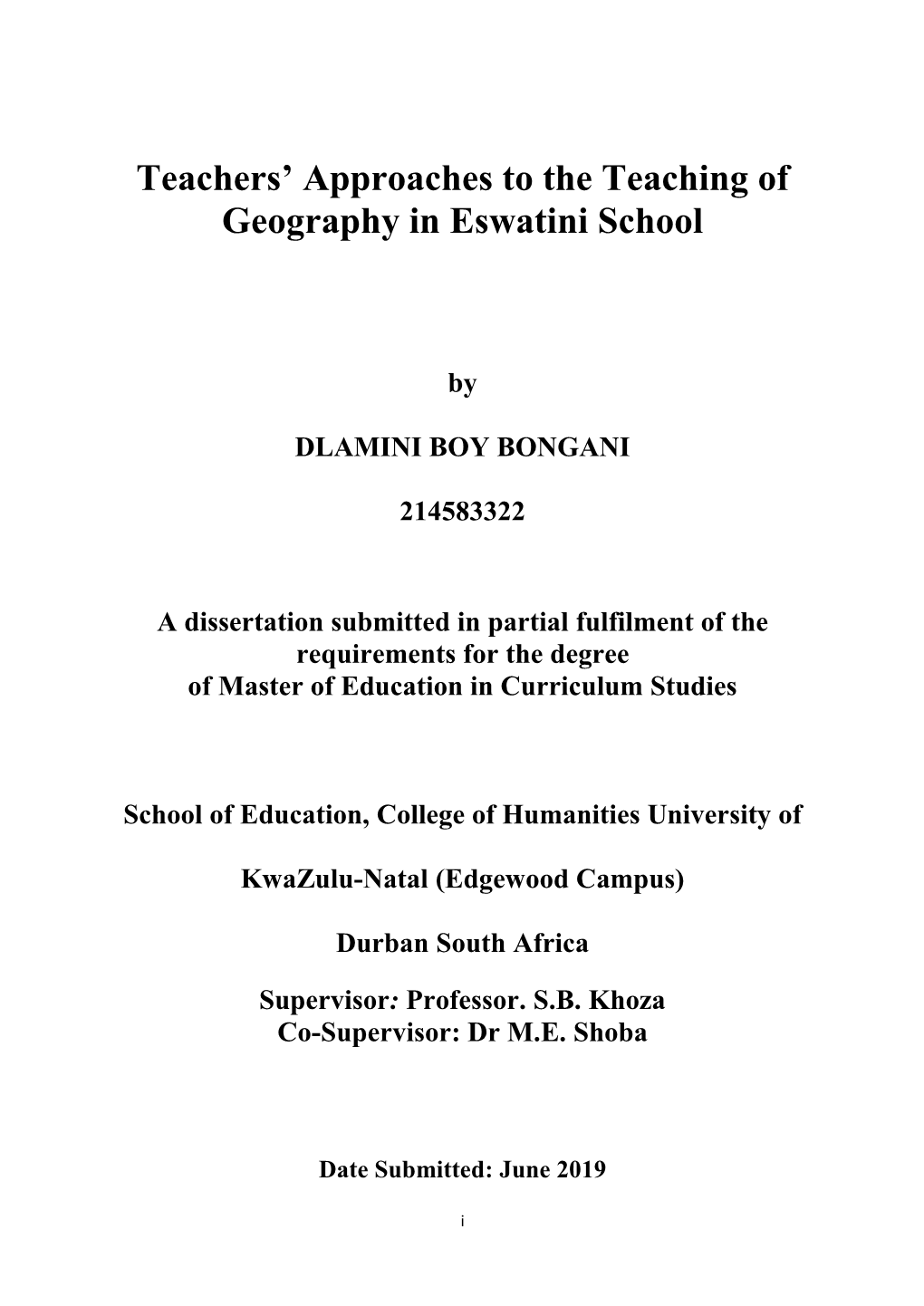 Teachers' Approaches to the Teaching of Geography in Eswatini School