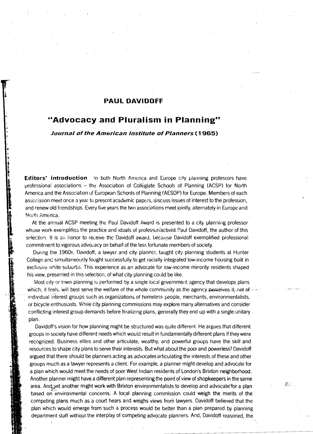 "Advocacy and Pluralism in Planning"