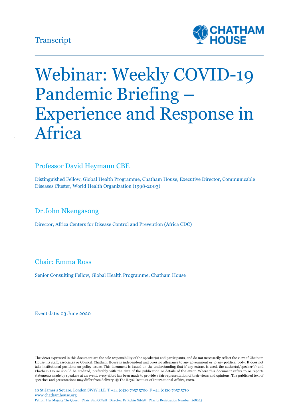 Weekly COVID-19 Pandemic Briefing – Experience and Response in Africa