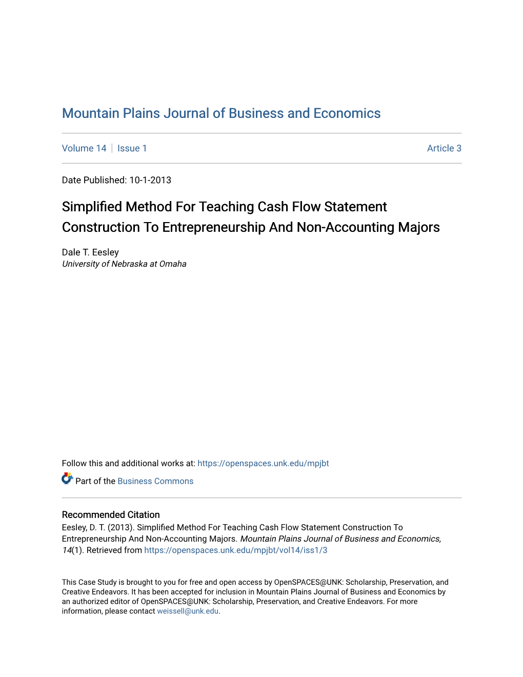 Simplified Method for Teaching Cash Flow Statement Construction to Entrepreneurship and Non-Accounting Majors